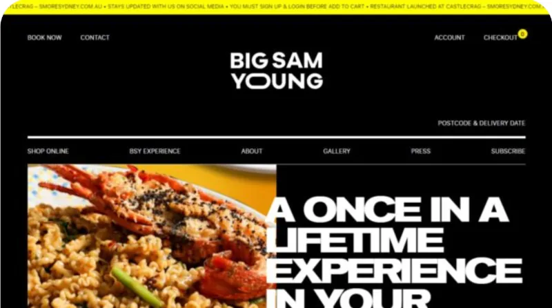 Big Sam Young ecommerce homepage