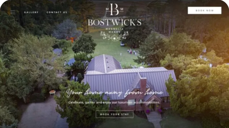 Bostwick’s Magnolia Manor homepage with aerial photo of the manor