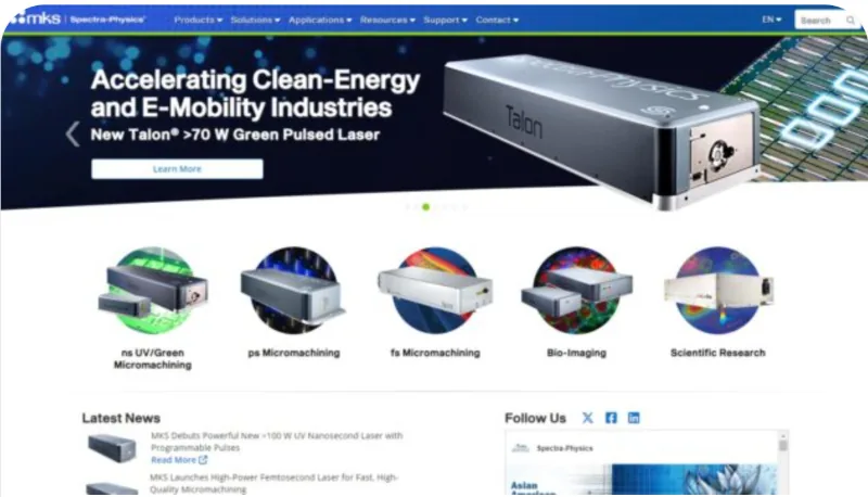 Spectra-Physics homepage with laser products